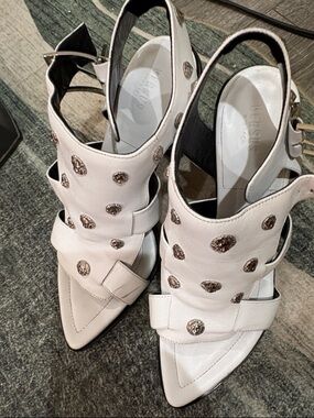 Versus by Versace  White Leather Studded Pointed Slingback Heels